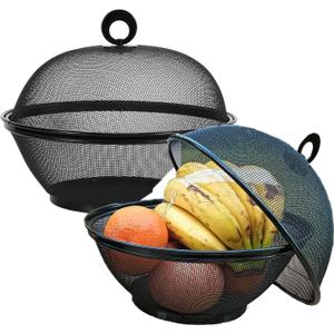 Fruit Basket With Lid - Decorative Fruit Bowl Metal Wire Basket Covered Fruit Bowl Strainer For Fruits Vegetables Fruit Display Stand Keeps Flies Out Φ10.7 (2 Fruit Baskets+2 Lids) (black)