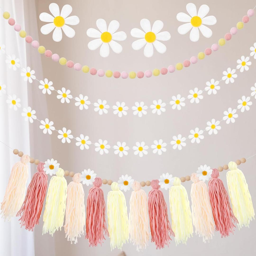 Rtteri 4 Pack Daisy Boho Party Decorations Daisy Classroom Garland Groovy Hippie Flower Tassel Colorful Pom Pom Banner for School Birthday Baby Shower Wedding Retro Party Supplies(Pink Series Color)