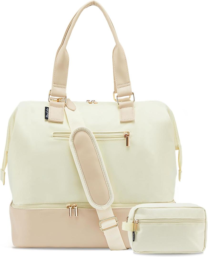 Weekender Bags for Women, Large Travel Duffel Bag with Shoes Compartment, Carry On Overnight Tote Bags with Toiletry Bag (30L, 30L-Beige)