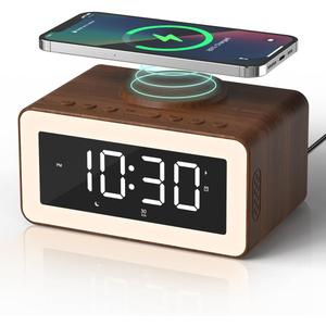 Digital Alarm Clocks for Bedrooms, Bluetooth Speaker, Alarm Clock with Wireless Charging, White/Brown Noise Sound Machine for Sleep with Night Light Wooden Vintage Decor Birthday Gifts for Men, Women