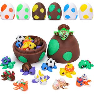 3D Printed Mini Animals with Dragon Eggs Set, 3D Printed Fidget Toys Bulk, Articulated Animals Figurines Adults Desk Decor, Pocket Pet, Easter Basket Stuffers (Sea Turtle)