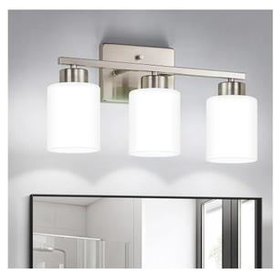 FonmYim Brushed Nickel Bathroom Light Fixtures, 3-Light Modern Vanity Light Over Mirror, Wall Sconces with Milky White Frosted Glass Shades, E26 Socket (Bulbs Not Included)