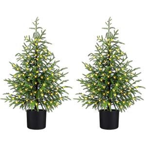 3FT Pre-Lit Artificial Norfolk Pine Christmas Tree  Realistic Potted Tree with 70 LED Lights & 8-Mode Battery Box, Pre-Assembled Faux Holiday Decor for Indoor Display (2)
