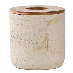Natural Travertine Textures Beige Mini Trash Can with Bamboo Lid,Small Countertop Trash Can for Bathroom, Kitchen, Vanity, Desk Trash Can,Table Top Mini Garbage Can for Dining Room, Tiny Waste Basket