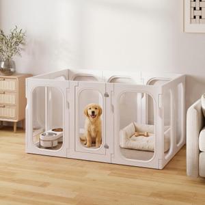 Acrylic Clear Dog Playpen Indoor with Door, 26'' H Transparent Dog Play Pen for Small Dogs, No-Connector Modular Puppy Playpen with Integrated Suction Cups Base, 10 Panels, White