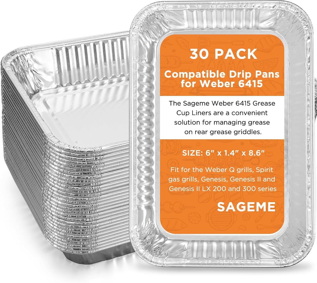 Sageme 30 Pack Weber Grills Compatible Drip Pans 6415 for Weber Grills Spirit Gas Grills, Q Grills, Genesis and Genesis II LX 200 300 Series Disposable Aluminum Foil Grease Trays 6 x 1.4 x 8.6 Inches