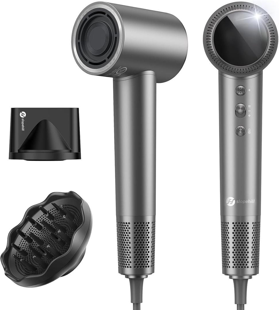 slopehill 110,000 RPM Professional Hair Dryer - 0.8lb Ultra-Lightweight, 2 Billion Ion Technology for 98% Frizz Reduction, AI Smart-Temp Control, Magnetic Attachments for All Hair Types (Dark Grey)