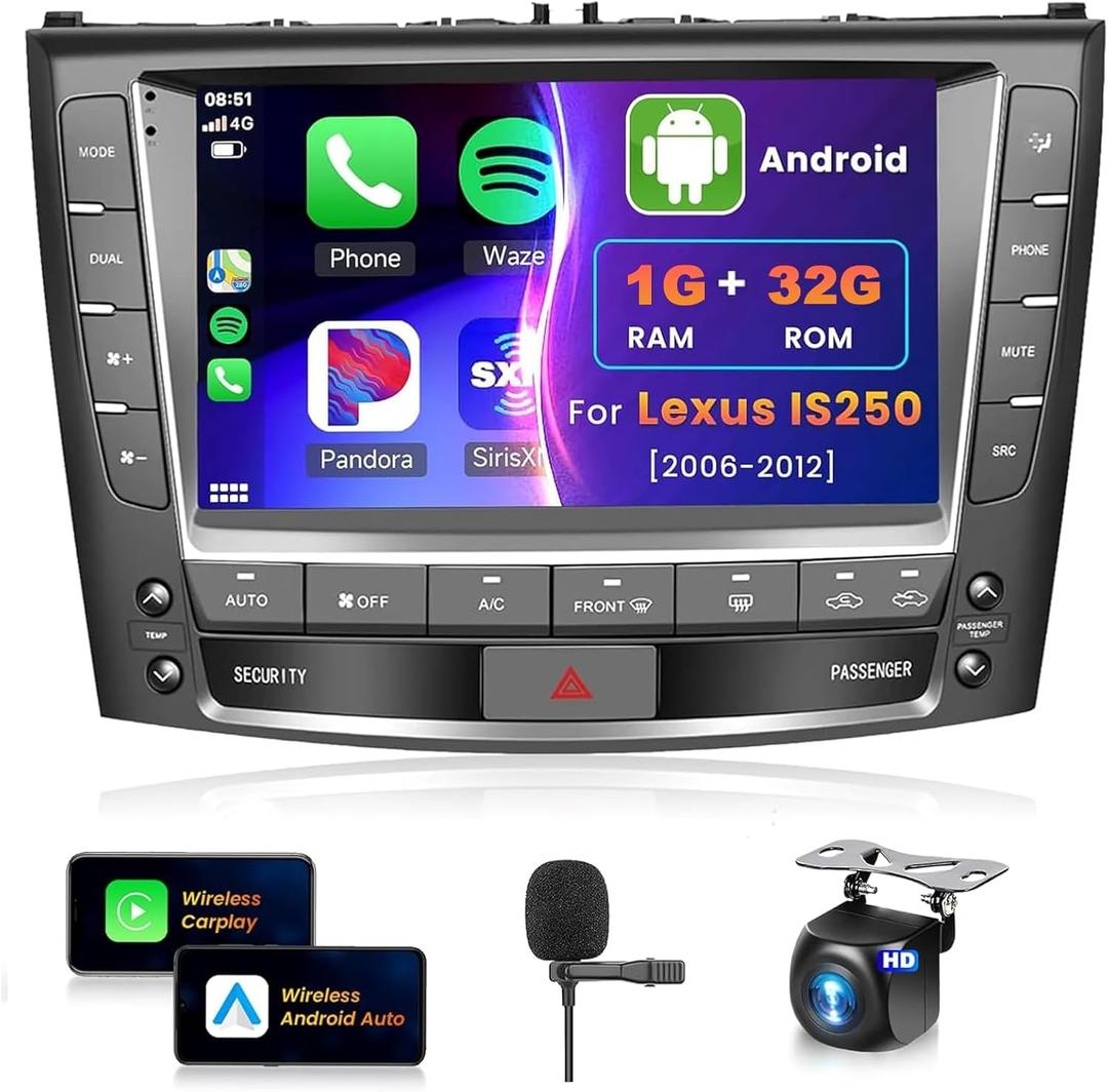 9 inch Android Car Radio for Lexus IS250 IS300 IS350 2006-2012 with Wireless CarPlay Android Auto Canbus,Podofo HD IPS Touchscreen Bluetooth Stereo with GPS WiFi HiFi/16 EQ AHD Backup Camera