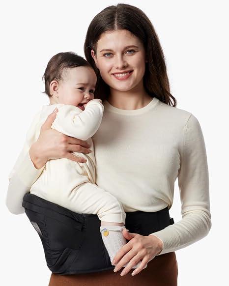 Momcozy Hip Seat Baby Carrier Black Adjustable Waistband with Original 3D Belly Protector, Various Pockets for Newborns & Toddlers up to 45lbs, Size: Medium