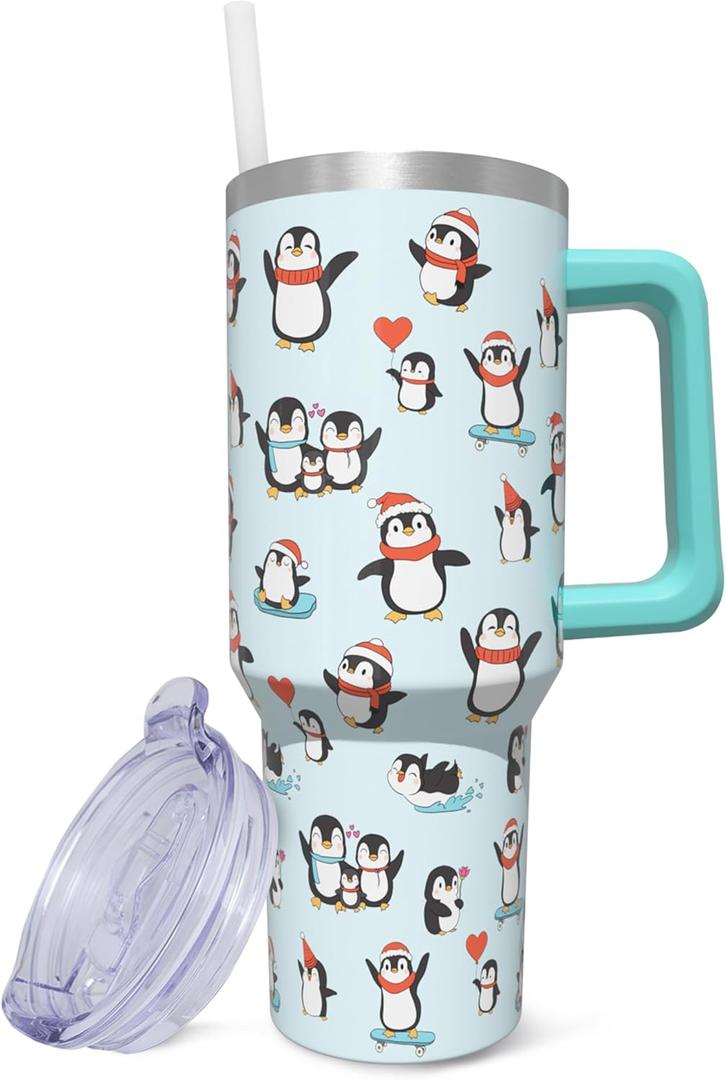 40 oz Tumbler With Handle and Straw, Stainless Steel Insulated Penguin Tumbler, Reusable Coffee Mug With Leak Proof Lid, Gifts for Women (Blue)
