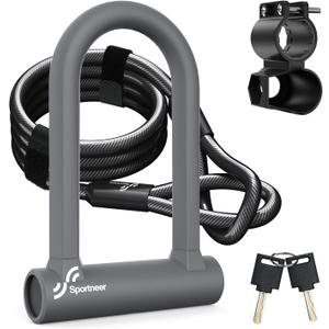 Sportneer Bike Lock - Heavy Duty Anti Theft Bike U Lock with 5ft Security Steel Cable - 17mm Shackle Bicycle U-Locks with Keys & Sturdy Mounting Bracket for Road, Mountain, Electric Bike, Grey