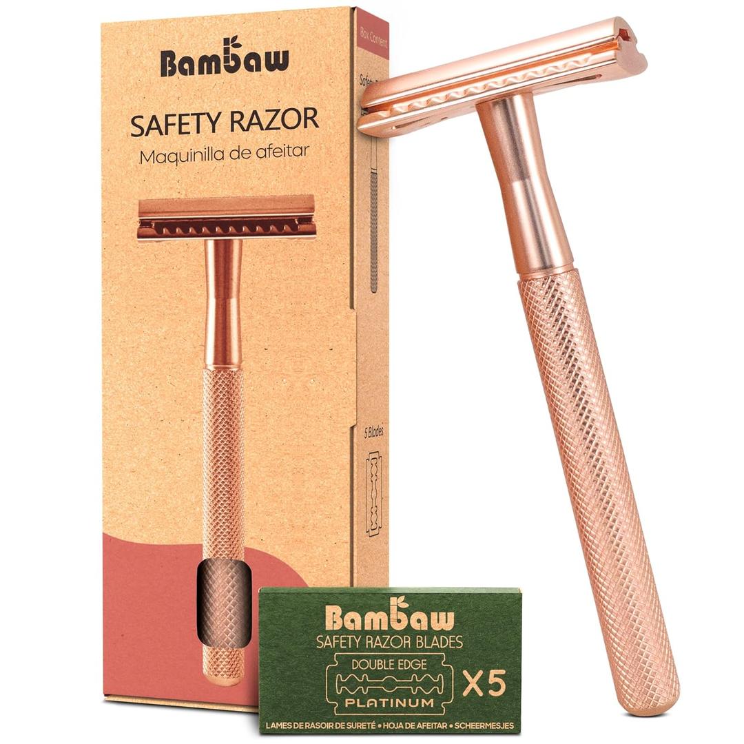 Bambaw Safety Razor for Women with 5 Double Edge Blades, Double Edge Razor, Single Blade Razors for Women and Men, Reusable & Plastic Free Rose Gold