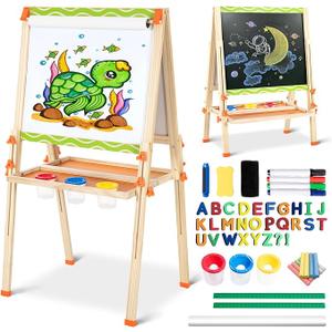 Wooden Art Easel for Kids, Double Sided Foldable Easels for Toddlers 3,4,5,6,7,8,9,10 Years, Adjustable Standing Kids Easel with Accessories, Perfect Painting Gifts for Boys&Girls
