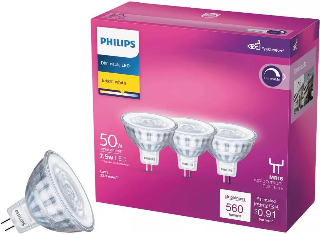 PHILIPS MR16 GU5.3 LED Floodlight 50W Equivalent, Dimmable, Bright White 3000k- 3 Pack
