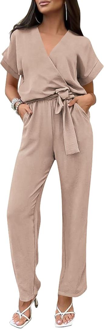 PRETTYGARDEN Women's One Piece Jumpsuits Dressy Casual Summer Short Sleeve Wrap V Neck Belted Wide Leg Pants Romper (Large, Beige)