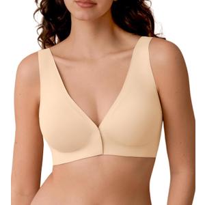 SHARICCA Womens Front Closure Bras Wireless Deep V Plunge Seamless Padded Bras Comfortable Soft Sleep Mastectomy Bra (XX-Large, Light Beige)