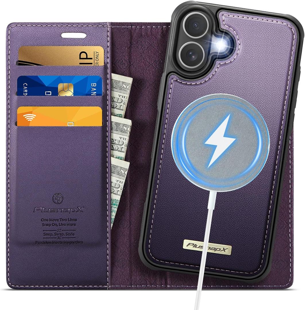 Wallet Case for iPhone 17 Compatible with Magsafe, 2-in-1 PU Leather Flip RFID Blocking Card Holder Stand Shockproof Magnetic Detachable Cover for iPhone 17 Case 6.3", Fashion Purple