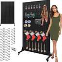Royxen 3.5 x 6 Feet Metal Pegboard with 50 Hooks, Peg Board Display Stand with Wheels, Large Standing Pegboard Displaywith T-Base Art Display Stand for Retail Stores Exhibitions Homes (Black)