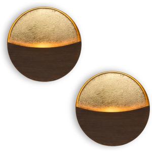 Eclipse Wall Candle Holder Set of 2, Metal Candle Sconces with Brushed Wood Grain and Gold Interior, Christmas Wall Decor for Living Room, Bedroom, and Modern Farmhouse