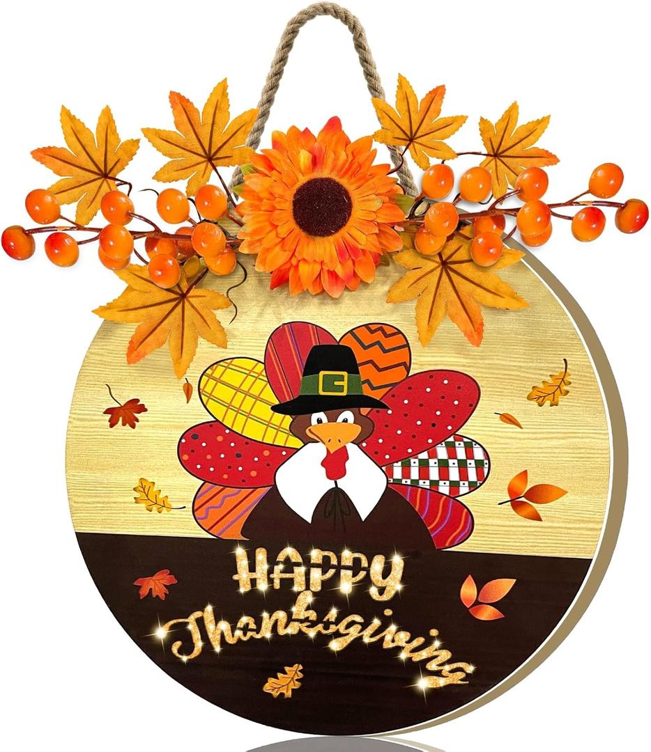[ Timer ] Lighted Happy Thanksgiving Wreath Sign for Front Door Decor Turkey Maple Leaves Thanksgiving Wood Hanging Sign Battery Operated Warm Light Thanksgiving Decoration Indoor Outdoor Home