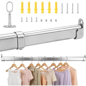 Closet Rods for Hanging Clothes, 34 to 62 Inches Stepless Extendable Stainless Steel Closet Pole, Heavy Duty Clothes Rod for Closet Wardrobes Laundry RV, Flat Oval, Chrome