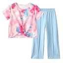 Fdqin Girls Summer Outfits 2 Piece Fashion Twist Front Short Sleeve Top and Wide Leg Pants Clothing Sets Tie Dye 4-5 Years