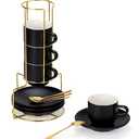 Lareina 8 Ounce Porcelain Cappuccino Cups Set of 4, Stackable Coffee Cups with Saucers, Spoons and Metal Stand -for Specialty Coffee Drinks, Cappuccino, Latte, Americano and Tea, Black