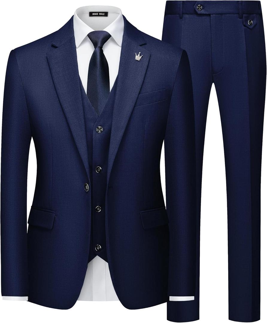 MAGE MALE Mens Suits Slim Fit 3 Piece Tuxedo Suit One Button Solid Prom Wedding Party Blazer Vest Pants Set with Tie (Navy Blue), XL