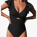 Women's One Piece Swimsuit Tummy Control Bathing Suit V Neck Ruffled Wrap Ruched Cutout Back Hook, L