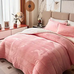 3-Layer Thick Bed Blanket Twin Size Blush Pink for Girls, Soft Plush Velvet Sherpa Blanket with 2 Pillow Shams Heavy Warm for Winter, Breathable n Washable, Pink