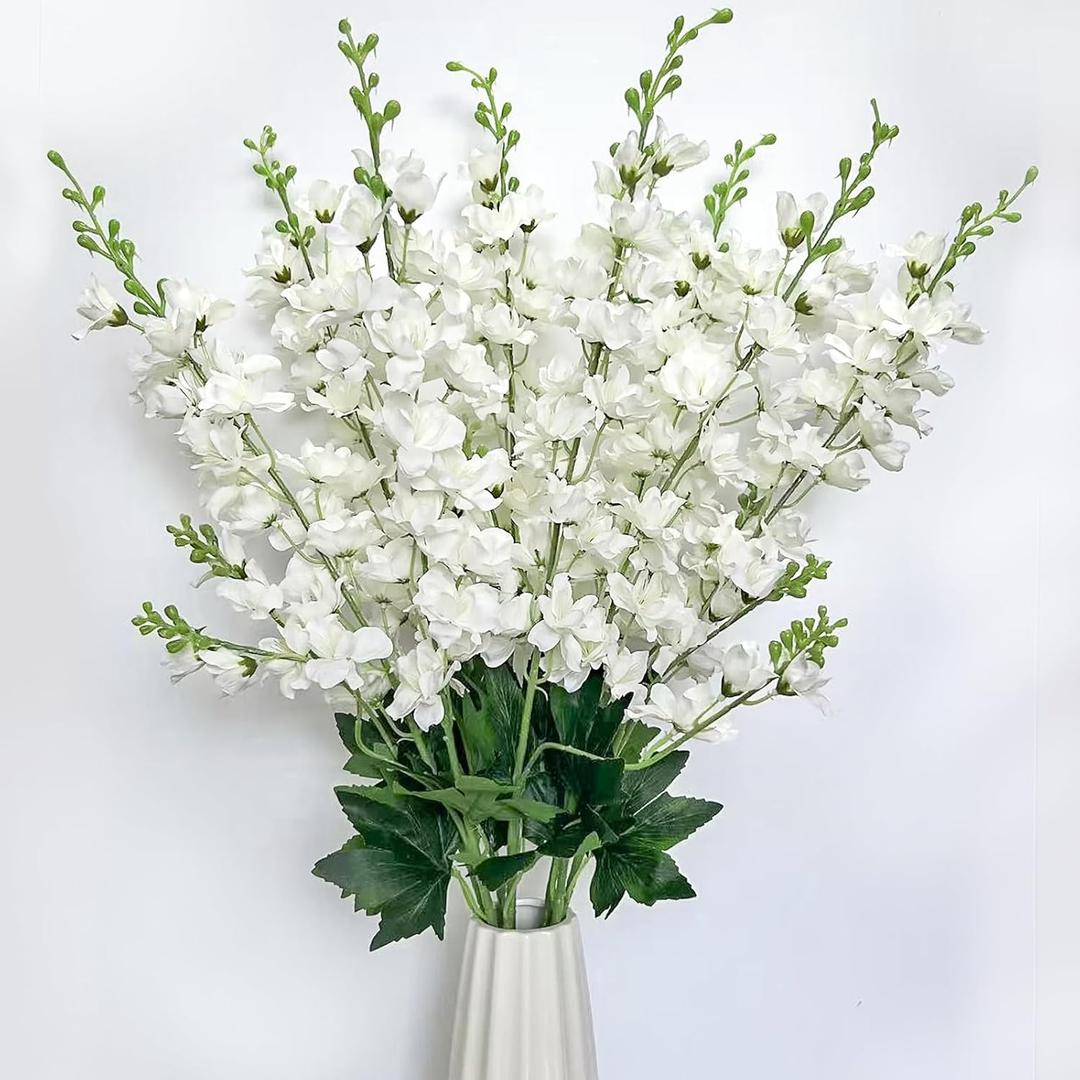8 pcs White Delphinium Artificial Flowers, 34.25''Artificial Snapdragon Flowers Tall Fake Flowers Silk Flowers Faux Delphinium Bulk for Tall Vase Home Wedding Garden Table Decor (White)