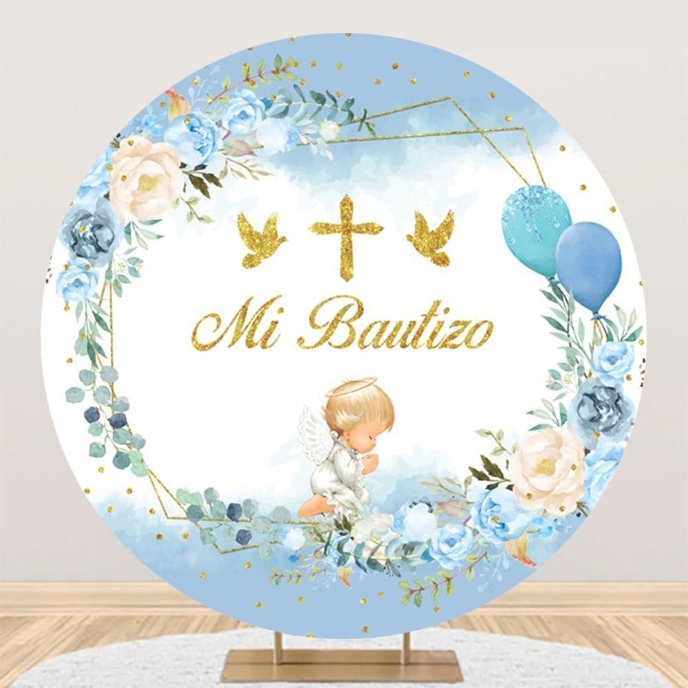 Yeele 6x6ft Mi Bautizo Round Backdrop Blue Floral Balloons Angle First Holy Communion Photography Background for Boy Baby Shower Christian Baptism Event Party Supplies Photo Shoot Props, 6x6ft-Diameter