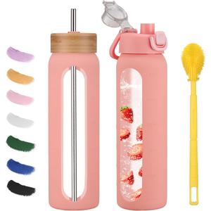32 oz glass water bottle - 1 Litter Motivational Tumbler With Time Marker - Borosilicate Glass Water Bottles With Silicone Sleeve and 2 Lids - Handle Spout Lid & Bamboo Straw Lid (Pink)