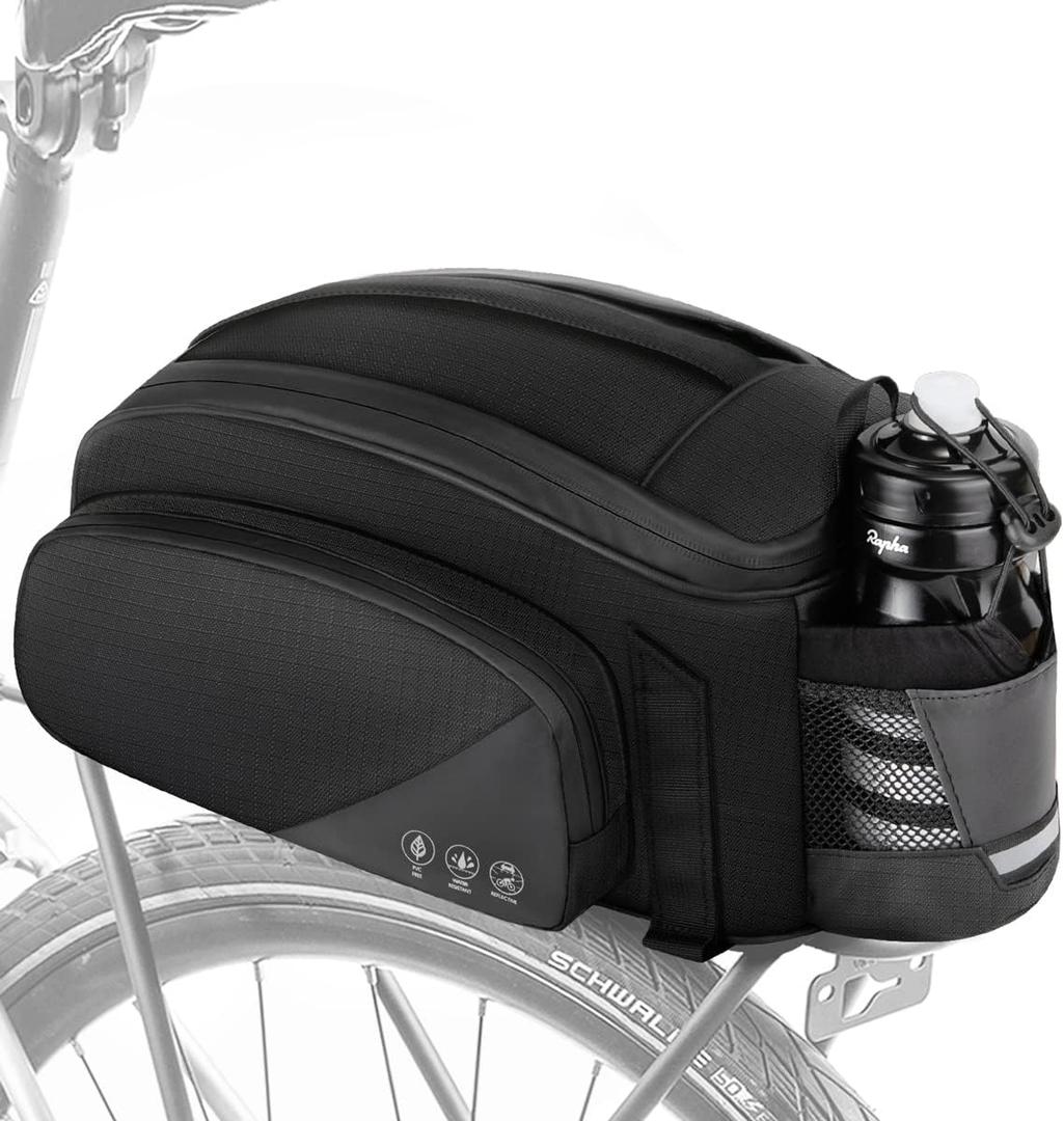 WOTOW Rear Bike Rack Bag, 12L Waterproof Reflective Bike Ebike Saddle Trunk Bag, Bicycle Panniers Rear Basket Storage Bag with Water Bottle Holder Shoulder Strap for MTB E Bike Commuter Travel