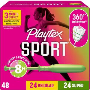 Playtex Sport Tampons Multipack (24ct Regular/24ct Super), Fragrance-Free - 48ct | Tampons Regular and Super, Playtex Tampon Multipack, Feminine Care with 360 Leak Defense