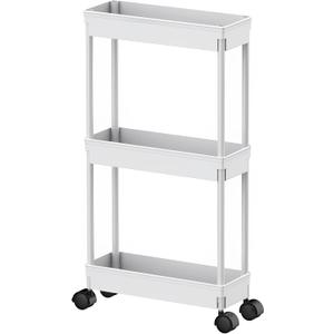 Sooyee 3 Tier Rolling Cart with Wheels, Slim Storage Cart, Under Desk Narrow Rolling Utility Cart Storage Organizer for Office Bathroom Kitchen Laundry Room Narrow Places, White, Plastic and Metal