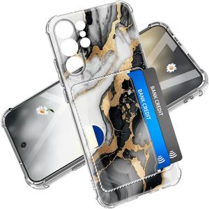 for Samsung Galaxy S26 Ultra Case 5G Phone Card Holder [Military Grade Drop Test] Full Body Protection Slim Shockproof Rugged Marble Cover 6.9" for Women Men (Black White Gold)