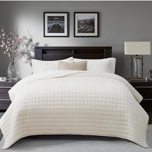 RECYCO Velvet Quilt Set 80 in x 92 inLuxurious Soft Quilted Bedding Sets, Lightweight Velvet Comforter for All Season, Channel Bedspread Coverlet,, Light Sand