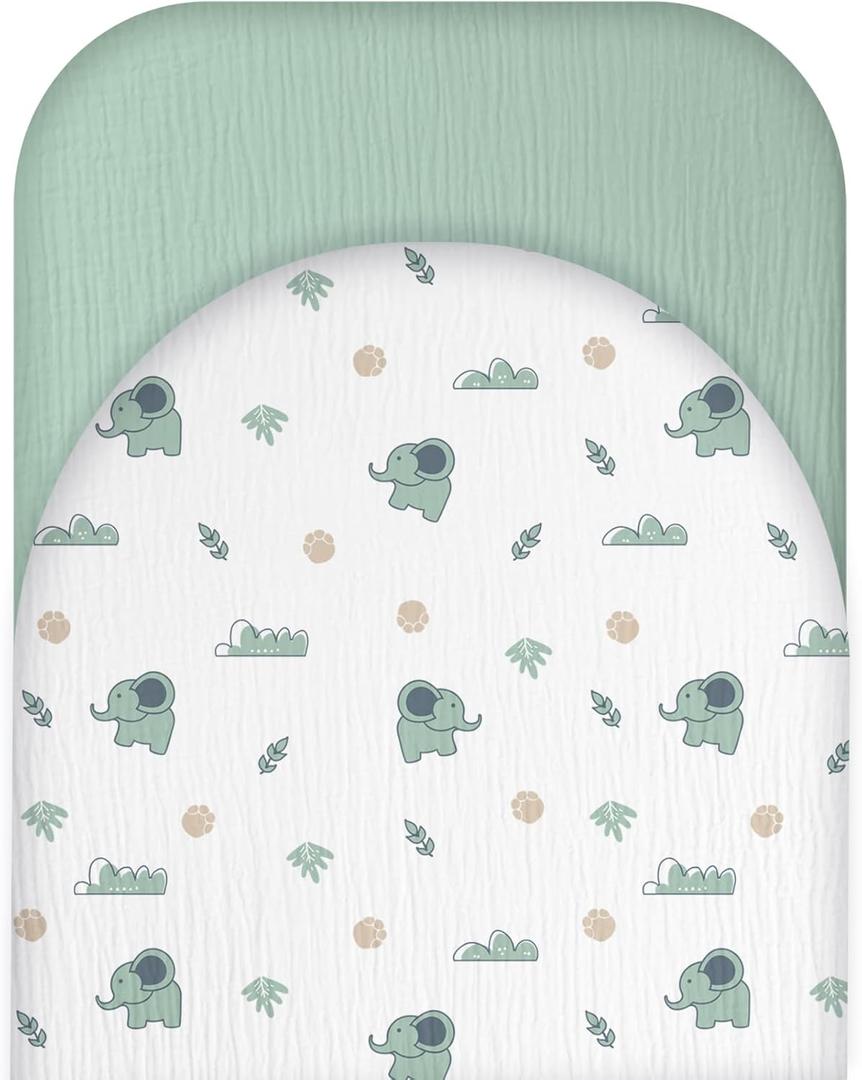 Muslin Bassinet Sheets for Baby Boy Girl - Extra Soft 100% Cotton Bassinet Sheets Fitted for Oval Rectangle Hourglass Mattress, 2 Pack(Green&Elephant)