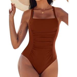 AI'MAGE Womens One Piece Swimsuits Tummy Control Ruched Slimming Bathing Suit Vintage Retro Push Up Swimwear S-XXL (Caramel)