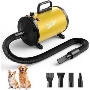 Dog Dryer High Velocity Dog Hair Dryer 5.2HP/3800W, Stepless Adjustable Speed Temperature Dogs Grooming Blow Dryer, Pet Dryer with 4 Nozzles,Blow Dryer for Dogs, Yellow