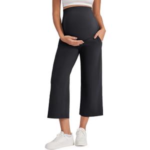 G4Free EverGoing Maternity Yoga Capris Over The Belly Stretch Wide Leg Pregnancy Cropped Pants with Pockets 19‘’/21''/23'', Small