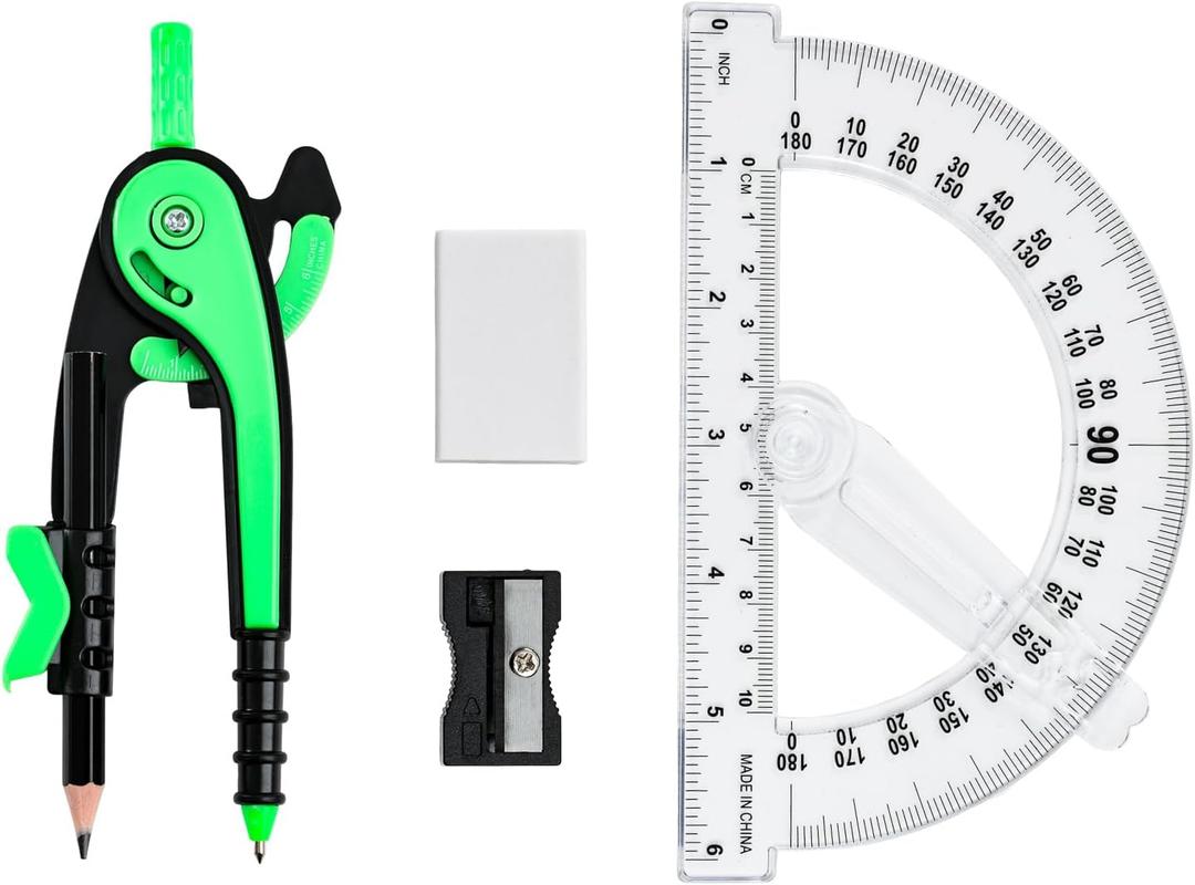 3 x Unjoo Compass and Protractor Set, 6 Inch Swing Arm Protractor (Dark Green)
