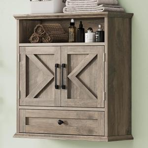 Bathroom Wall Cabinet, Wall Mounted Medicine Cabinet with Drawer, Barn Door & Adjustable Shelf, 24.4"H x 23.6"W x 9"D Grey Over Toilet Farmhouse Storage Cabinet for Kitchen, Laundry, Entryway