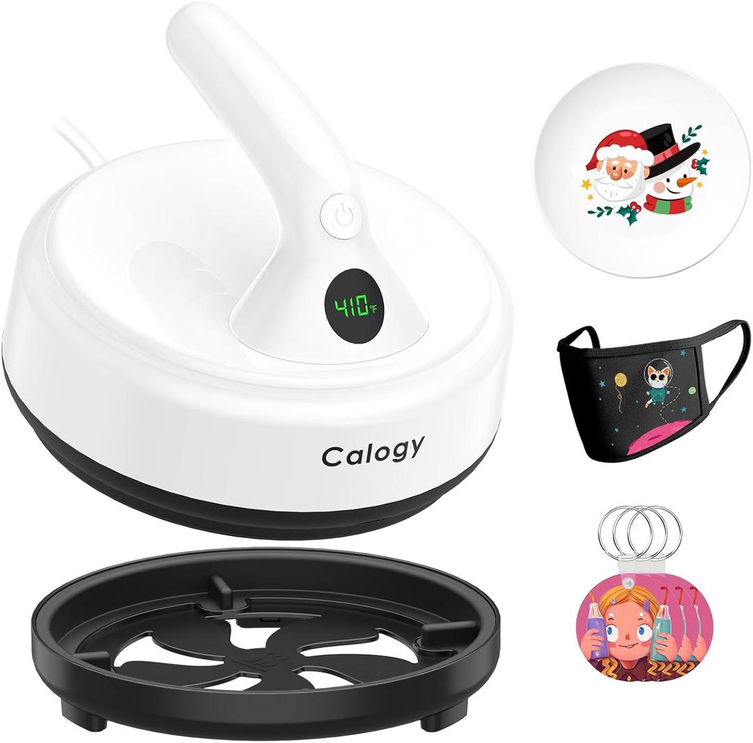 Calogy Mini Heat Press, 5" Diameter Round Heat Press Machine for T-Shirt Portable, 4 Levels Temp Max 410℉, Small Iron for Crafts, Coaster, Bag, Pillow, Ceramic, Sublimation Ink Vinyl Transfer (White)