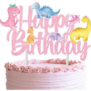 Dinosaur Birthday Party Cake Topper Dinosaur Birthday Party Decorations for Girls 1pcs Pink Glitter Dinosaur Theme Birthday Cake Topper for Dino Party Supplies Baby Shower Decorations