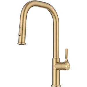 KRAUS Torak Pull Down Kitchen Faucet in Spot-Free Brushed Brass with 2 Function Sprayer, Pre-Attached Water Lines, and Mounting Hardware, KPF-2841SFBB