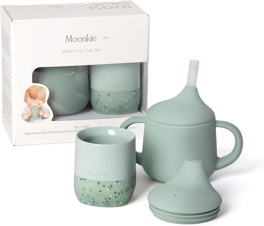 Moonkie Baby Training Cup & Sippy Cup Set | 4 Months+ | Baby-Led Weaning Essential | Gift for Infants (Mint Cup Set, 2 Pack)