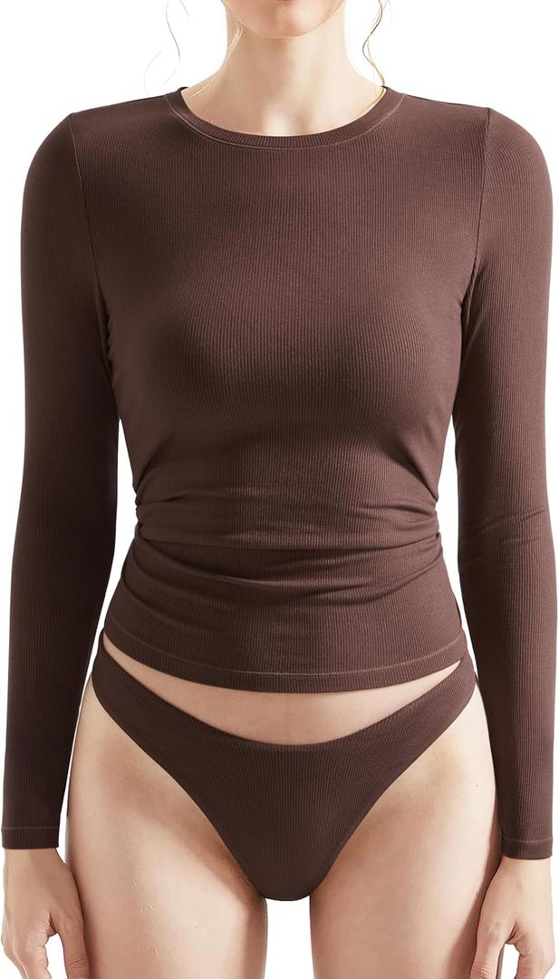 OMKAGI Women Long Sleeve Shirts Cotton Ribbed Fitted Basic Tops Crewneck Y2K Top (Large, Chocolate)