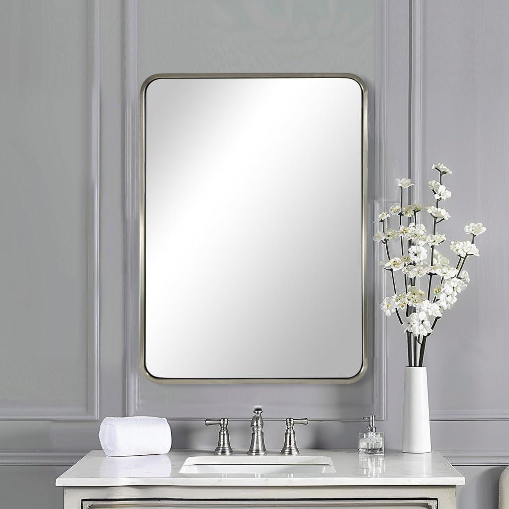 ANDY STAR Brushed Nickel Bathroom Mirror, 24x36 Rounded Rectangle Mirror Modern Silver Vanity Mirror SUS304 Metal Tube Frame(Rustproof) 1 Deep Wall Mounted Vertically/Horizontally